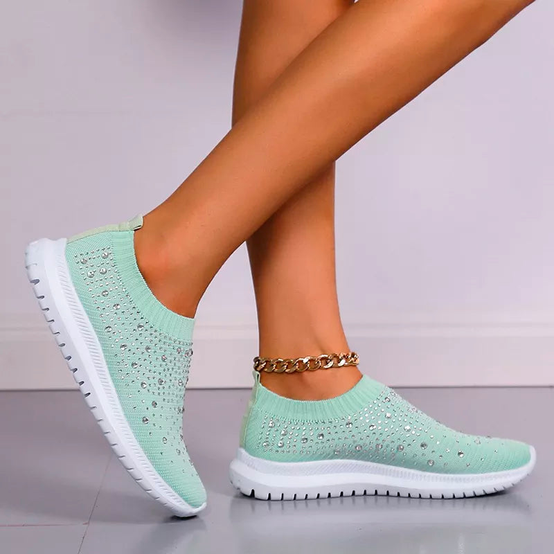 Rimocy Crystal Breathable Mesh Sneaker Shoes for Women Comfortable Soft Bottom Flats Plus Size Slip Casual Shoes Woman