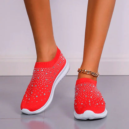 Rimocy Crystal Breathable Mesh Sneaker Shoes for Women Comfortable Soft Bottom Flats Plus Size Slip Casual Shoes Woman