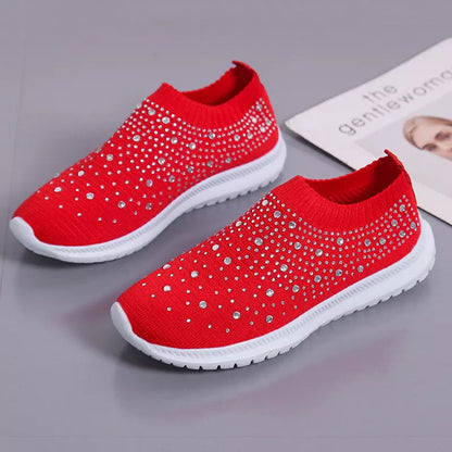 Rimocy Crystal Breathable Mesh Sneaker Shoes for Women Comfortable Soft Bottom Flats Plus Size Slip Casual Shoes Woman