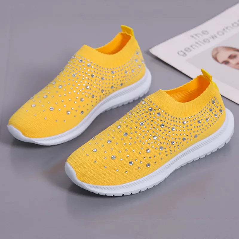 Rimocy Crystal Breathable Mesh Sneaker Shoes for Women Comfortable Soft Bottom Flats Plus Size Slip Casual Shoes Woman