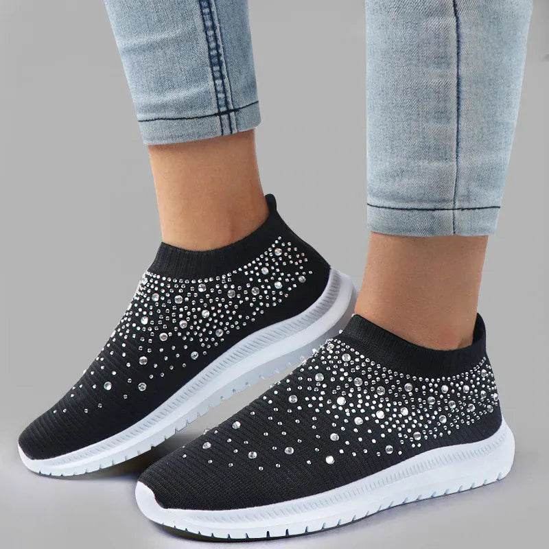 Rimocy Crystal Breathable Mesh Sneaker Shoes for Women Comfortable Soft Bottom Flats Plus Size Slip Casual Shoes Woman