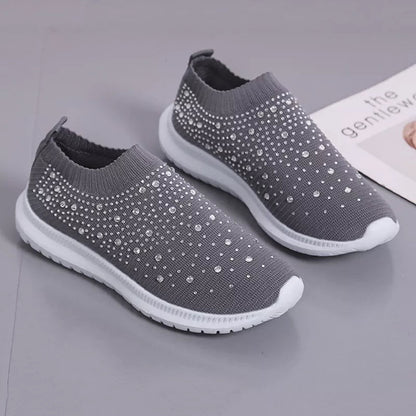 Rimocy Crystal Breathable Mesh Sneaker Shoes for Women Comfortable Soft Bottom Flats Plus Size Slip Casual Shoes Woman