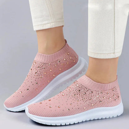 Rimocy Crystal Breathable Mesh Sneaker Shoes for Women Comfortable Soft Bottom Flats Plus Size Slip Casual Shoes Woman