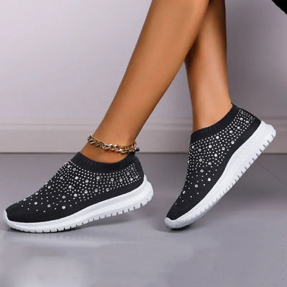 Rimocy Crystal Breathable Mesh Sneaker Shoes for Women Comfortable Soft Bottom Flats Plus Size Slip Casual Shoes Woman