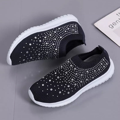 Rimocy Crystal Breathable Mesh Sneaker Shoes for Women Comfortable Soft Bottom Flats Plus Size Slip Casual Shoes Woman