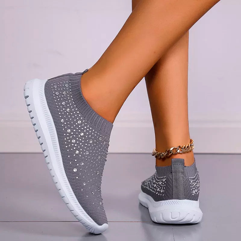 Rimocy Crystal Breathable Mesh Sneaker Shoes for Women Comfortable Soft Bottom Flats Plus Size Slip Casual Shoes Woman