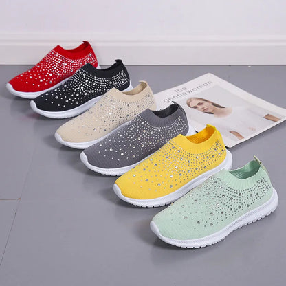 Rimocy Crystal Breathable Mesh Sneaker Shoes for Women Comfortable Soft Bottom Flats Plus Size Slip Casual Shoes Woman