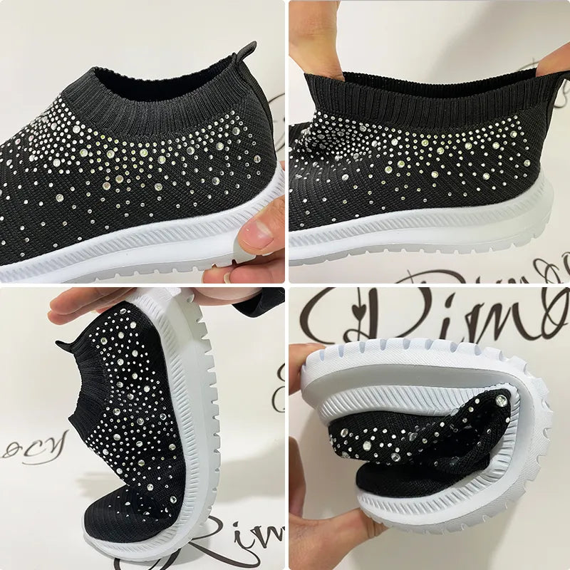 Rimocy Crystal Breathable Mesh Sneaker Shoes for Women Comfortable Soft Bottom Flats Plus Size Slip Casual Shoes Woman