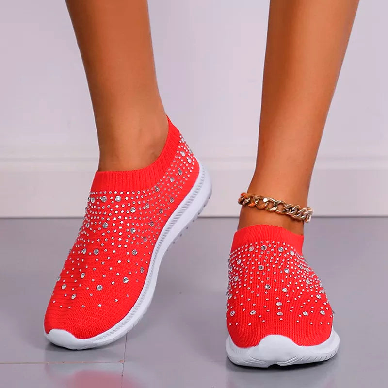 Rimocy Crystal Breathable Mesh Sneaker Shoes for Women Comfortable Soft Bottom Flats Plus Size Slip Casual Shoes Woman