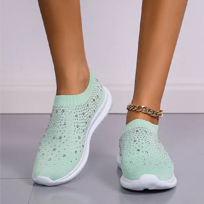 Rimocy Crystal Breathable Mesh Sneaker Shoes for Women Comfortable Soft Bottom Flats Plus Size Slip Casual Shoes Woman Green