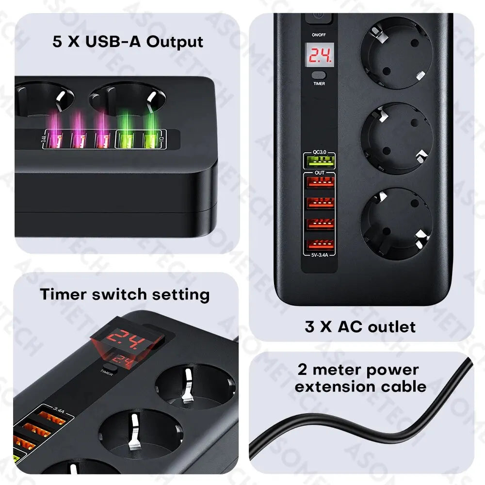 ASOMETECH EU Power Strip European Plug Strip 2500W Extension Socket Overload Protection Multi Plug USB Charger USB C Charger