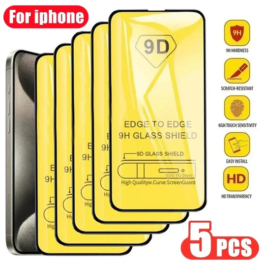 5Pcs 9D Tempered Glass For iPhone 13 15 Pro Max 7 8 Plus Screen Protector For iPhone 14 12 11 PRO XS MAX X XR Full Cover Glass 5Pcs 9D Black Glass