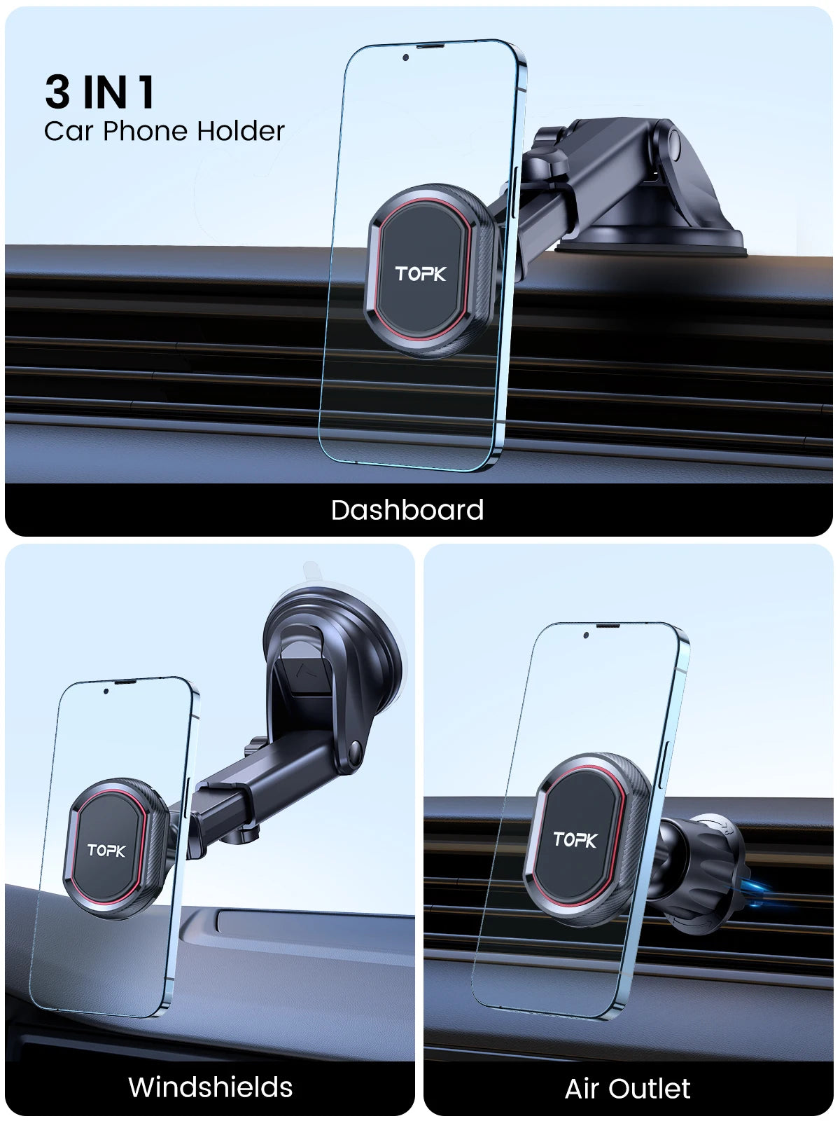 TOPK Car Phone Holder Magnetic Phone Car Mount for Car Air Vent Windshield and Dashboard with Strongest Magnet for Cellphones