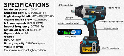 Cordless Impact Wrench High Torque Brushless Electric Wrench 1/2Inch Rechargeable Car Repair for Makita 18V Battery Power Tools