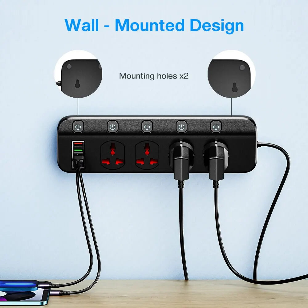 2500W Power Strip Overload Protection With 4 Universal Socket 5 Swich 4 USB Charging Ports USB C Charger 1.97M Extension Cable