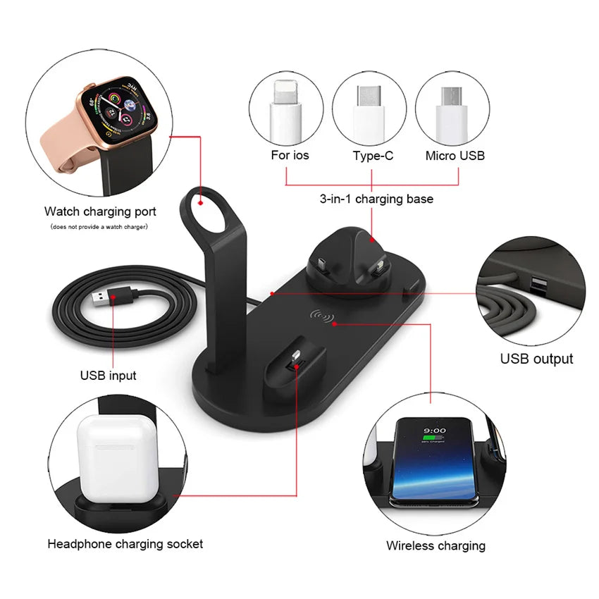 5 In 1 Wireless Charger Stand Pad For iPhone 15 14 13 12 11 X Apple Watch Airpods Desk Phone Chargers Fast Charging Dock Station