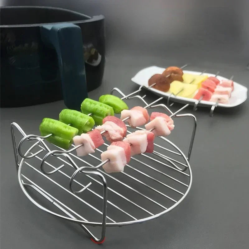 Stainless Steel Airfryers Double Layer Rack Versatile Round Roasting Rack Grill Rack With Skewers Baking Tray AirFryers Holder