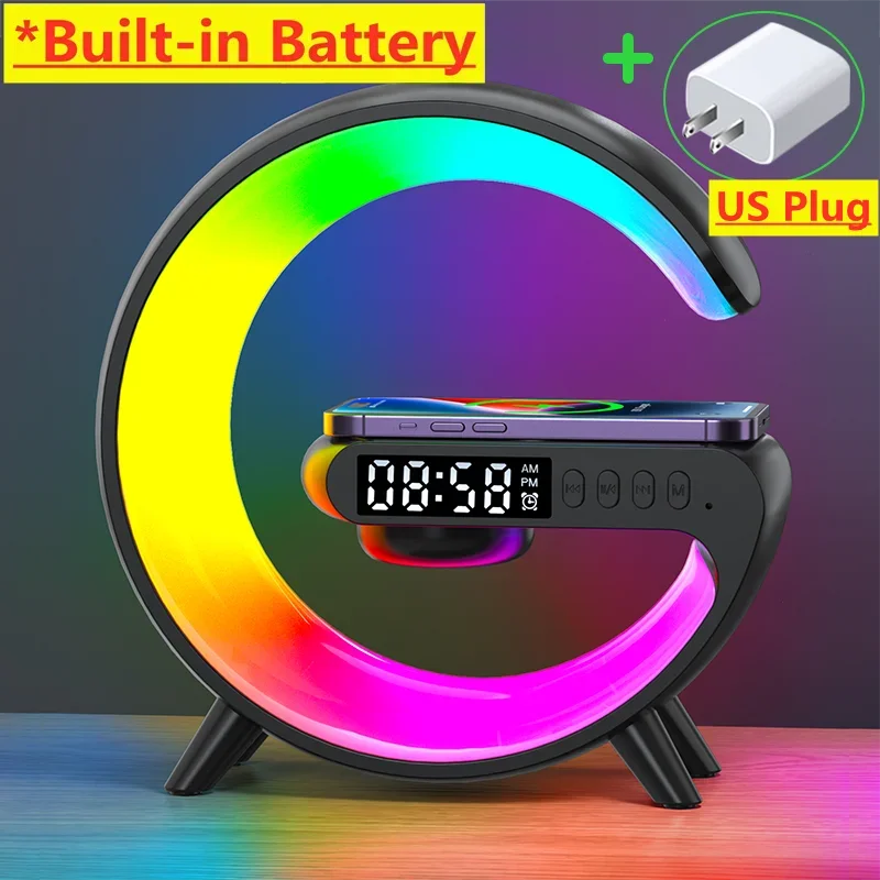 Mini Multifunction Wireless Charger Pad Stand Speaker TF RGB Night Light Fast Charging Station for iPhone Samsung Xiaomi Huawei Black with US Plug