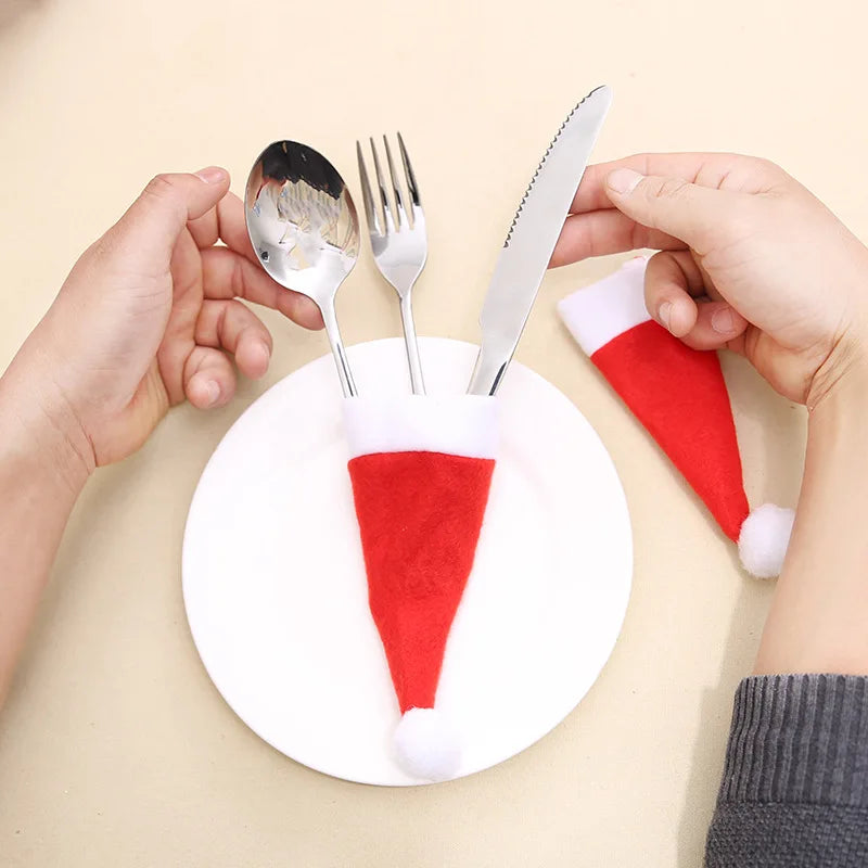 Christmas Tableware Holder Bag Xmas Hat Fork Knife Cutlery Bags 2023 Christmas Decorations for Home Table Navidad New Year 2024