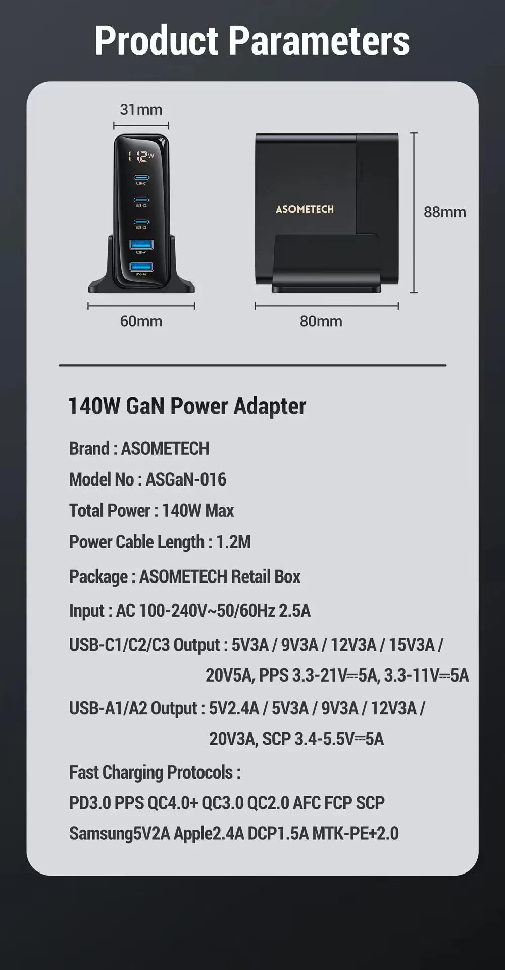 ASOMETECH 140W GaN Charger Desktop USB Charging Station 5 USB Ports PD 100W PPS USB Fast Charger For Macbook iPhone Samsung S22