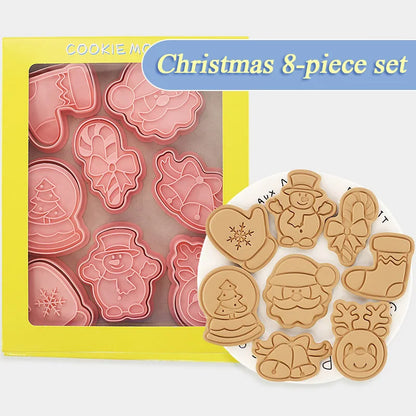 8Pcs 3D Christmas Cookie Cutters Biscuit Mold Santa Snowman Tree Elk Cookie Mould Stamp Xmas New Year Party Decor Baking Tools C