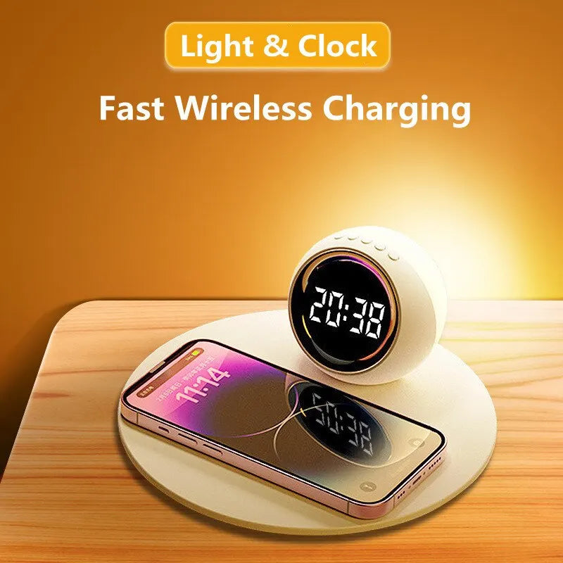 Wireless Charger Pad Stand Alarm Clock LED Desk Lamp Night Light 15W Phone Fast Charging Station Dock for iPhone Samsung Xiaomi White