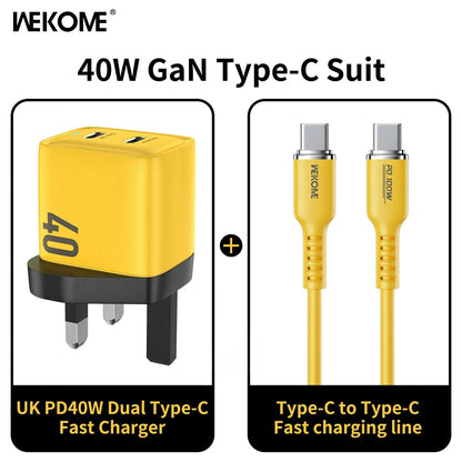 WEKOME GaN 40W/67W/100W Type C Charger Portable USB Charger Adapter QC4.0 PD PPS Fast Charging for iPhone Samsung Xiaomi Macbook UK charger C- C Cable Yellow
