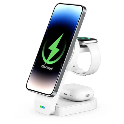3 In 1 Magnetic Wireless Charger Stand Pad Foldable Fast Charging Station Dock For iPhone 15 14 13 12 Pro Max IWatch 8 7 Airpods White