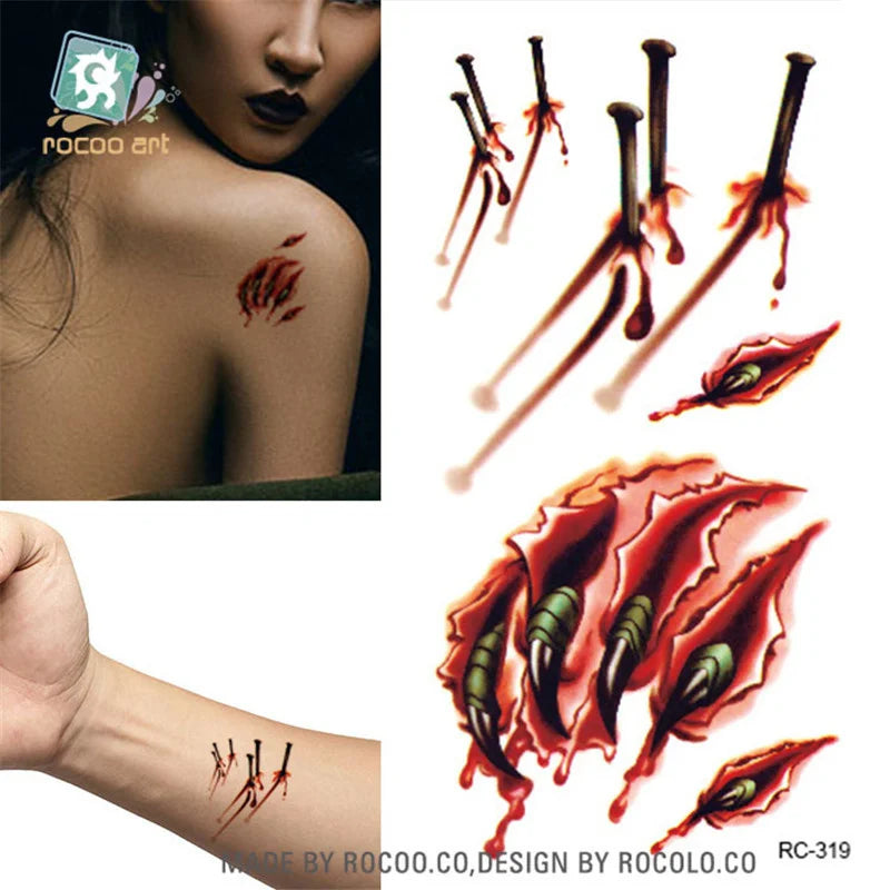 Halloween Waterproof Temporary Tattoos Paper For Men Women Boy Scar Wound Realistic Blood Injury Fash Tattoo Sticker RC2319