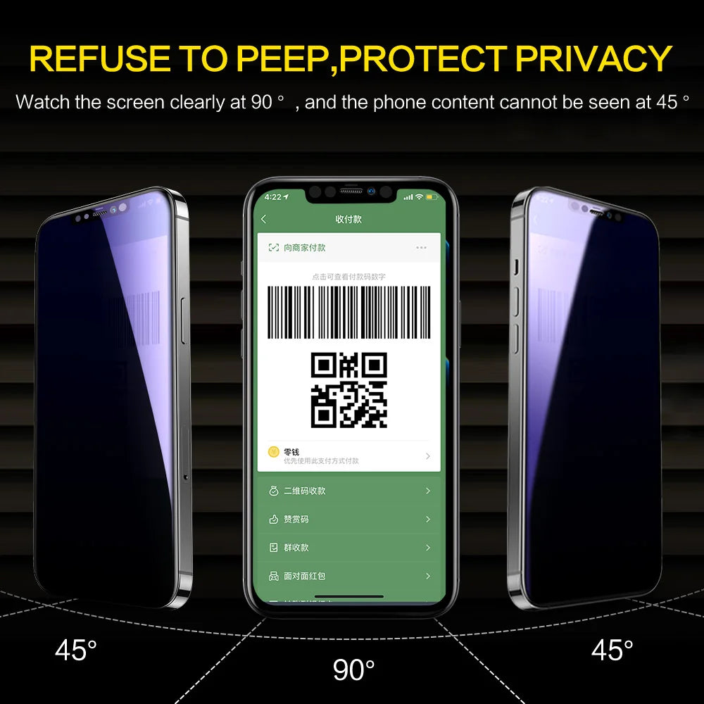 Anti Blue Ray Spy Glass for iPhone 14 13 12 11 Pro Max Privacy Screen Protector Full Cover for iPhone X XR XS Max