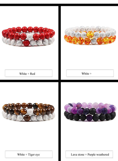 Set Bracelet Couples Distance Black White Natural Lava Stone Tiger Eye Beaded Yoga Bracelets for Men Women Elastic Rope Jewelry