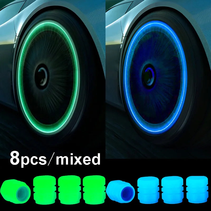 8pcs Car Luminous Tire Valve Caps Fluorescent Night Glowing Motorcycle Bicycle Bike Wheel Tyre Hub Valve Stem Caps Decor 1/ 4pcs 8pcs green blue mix