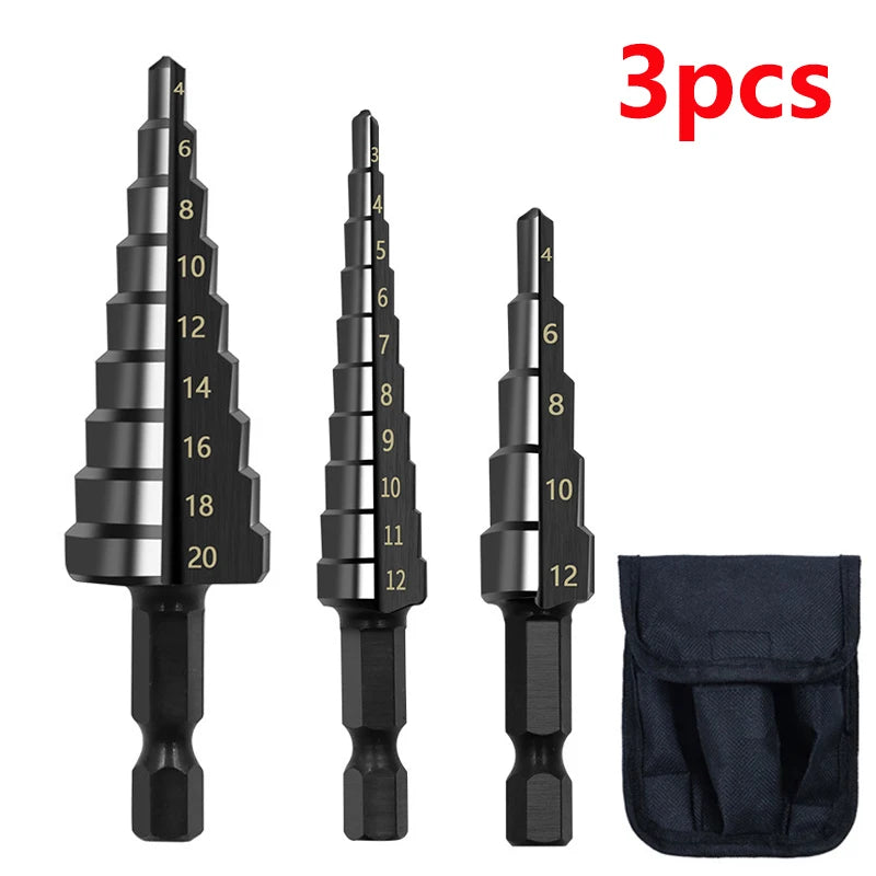 3-12mm 4-12mm 4-20mm HSS Straight Groove Step Drill Bit Set Titanium Coated Wood Metal Hole Cutter Core Drill Bit Set Nitriding Black 3PC 1