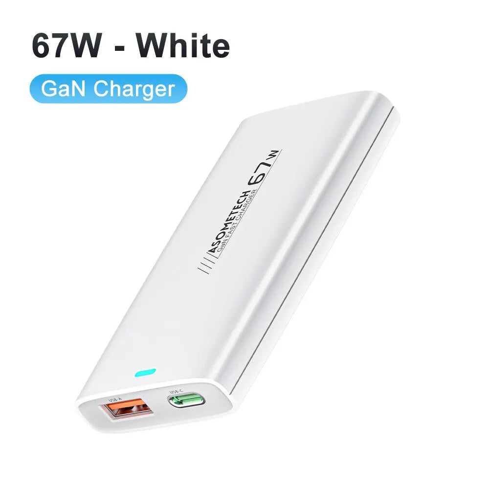 ASOMETECH 67W GaN Charger Ultra Thin Quick Charge QC3.0 PD PPS Mini USB Type C Charger For Macbook Laptop iPhone 14 iPad Samsung White