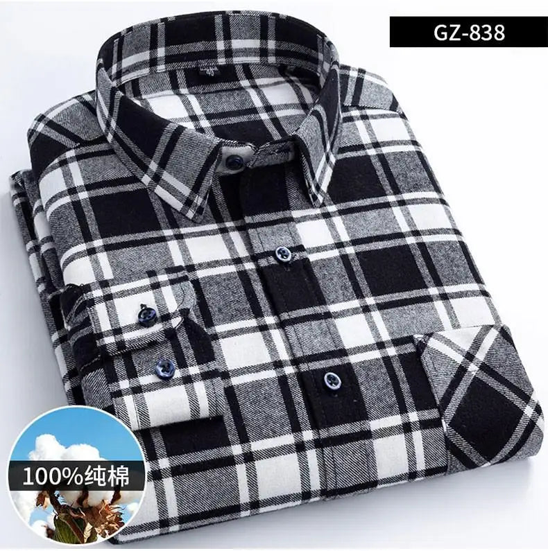 Long Sleeve Regular Fit Home New Spring Autumn 100% Cotton Plaid Mens Shirts Casual for Man Clothes Plus Size 838