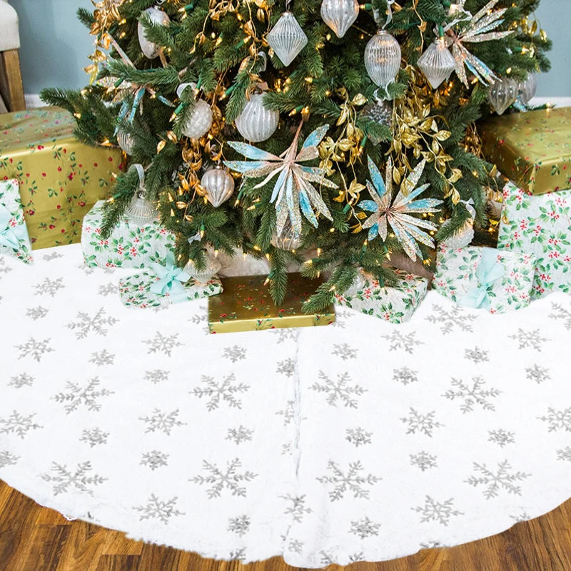 Silver Snowflake Christmas Tree Skirt White Plush Xmas Tree Base Cover Carpet Christmas Decorations For Home Natal New Year 2023