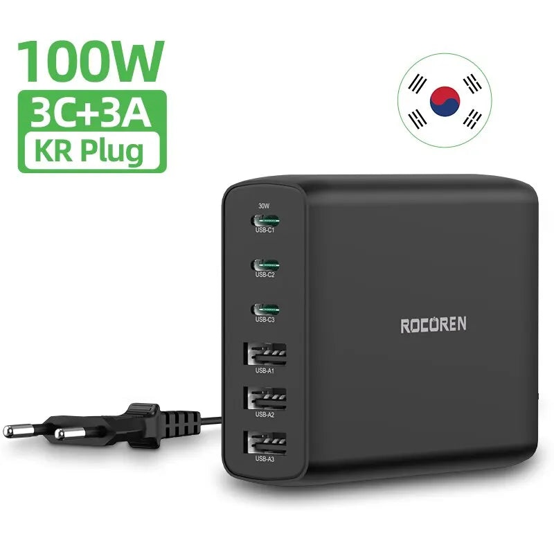 Rocoren 100W USB Charger Type C PD Fast Charging Multiple 6 Ports Desktop Charger Station For iPhone 14 13 Pro Xiaomi POCO KR Plug