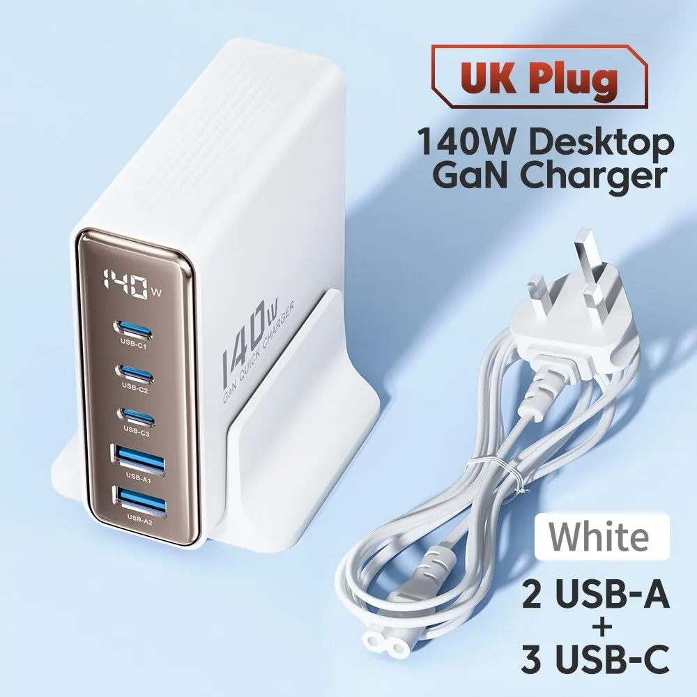 Toocki 140W GaN USB Charger 5in1 Desktop Fast Charge USB Type C Charger LED Display Charger For iPhone Xiaomi Smartphone Laptop UK White