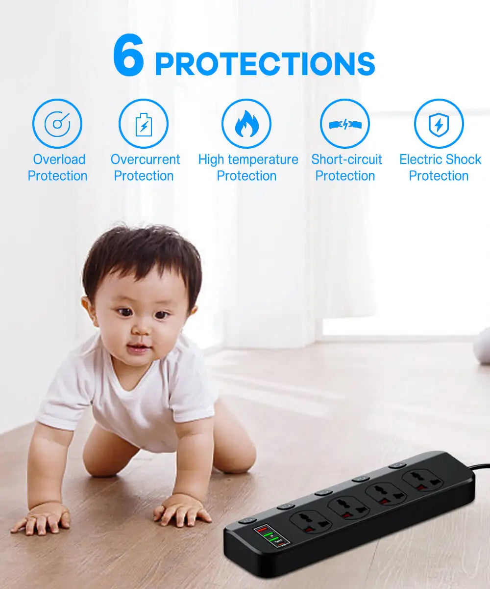 2500W Power Strip Overload Protection With 4 Universal Socket 5 Swich 4 USB Charging Ports USB C Charger 1.97M Extension Cable