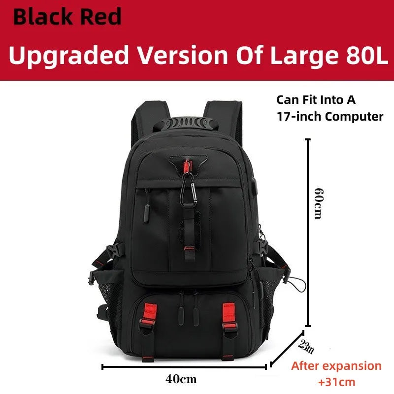 Men Travel Backpack 50-80L Large Capacity Expandable Backpack For Men 17 Inch Laptop Bags Fashion Oxford With Shoe Compartment 80L Black Red