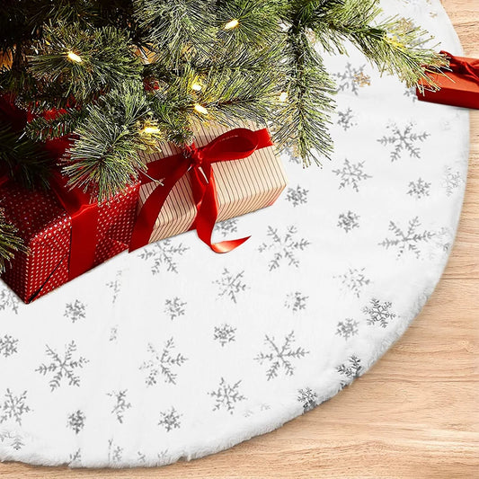 Silver Snowflake Christmas Tree Skirt White Plush Xmas Tree Base Cover Carpet Christmas Decorations For Home Natal New Year 2023