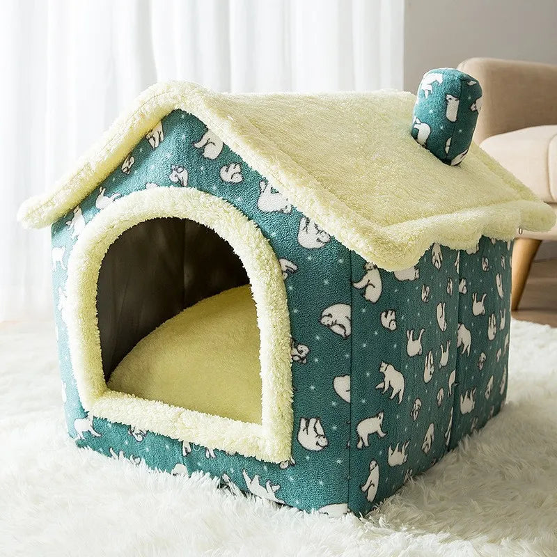 Soft Cat Bed Deep Sleep House Dog Cat Winter House Removable Cushion Enclosed Pet Tent For Kittens Puppy Cama Gato Supplies green