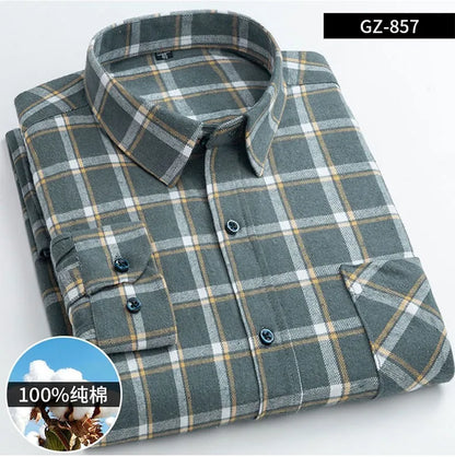 Long Sleeve Regular Fit Home New Spring Autumn 100% Cotton Plaid Mens Shirts Casual for Man Clothes Plus Size