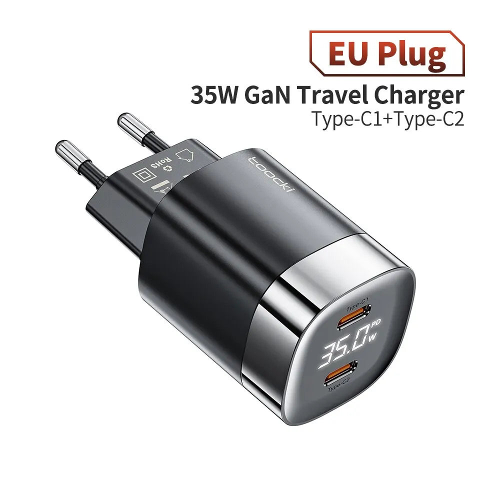 Toocki 35W USB Phone Charger GaN USB Type C Quick Charge PD3.0 High Speed Charger Korea EU Plug for Laptop Xiaomi iPhone 13 12 EU Black