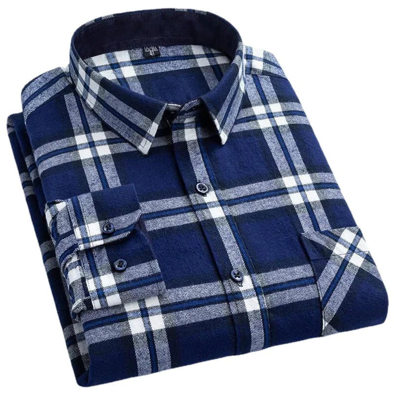 Long Sleeve Regular Fit Home New Spring Autumn 100% Cotton Plaid Mens Shirts Casual for Man Clothes Plus Size