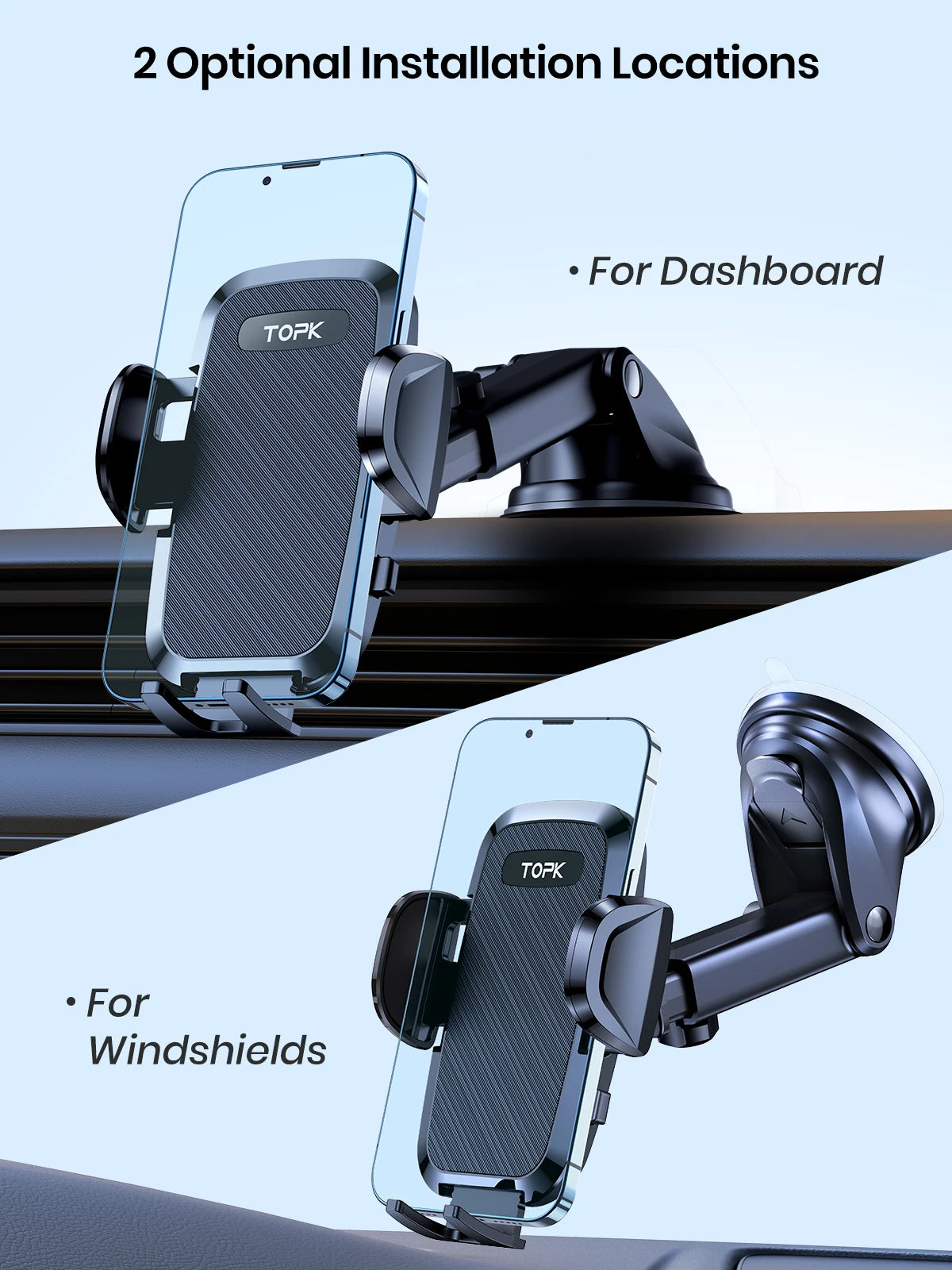 TOPK D36 Car Phone Holder Adjustable Car Phone Mount Cradle Super Stable for Dashboard/Windscreen/Air Vent for Mobile Phones