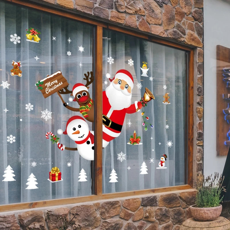 1Set Santa Claus Snowman Elk Window Stickers Snowflake Electrostatic Wall Sticker 2024 Christmas Decoration For Home New Year set7