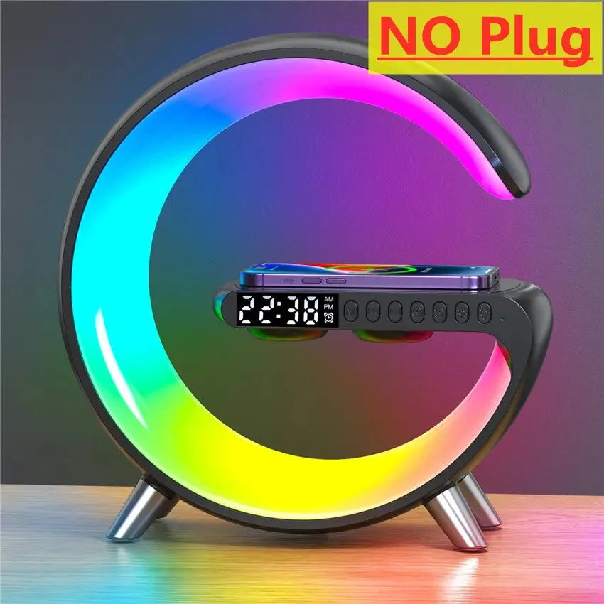 Multifunctional Wireless Charger Stand Alarm Clock Speaker APP RGB Light Fast Charging Station for iPhone X 11 12 13 14 Samsung Black No Plug