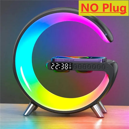 Multifunctional Wireless Charger Stand Alarm Clock Speaker APP RGB Light Fast Charging Station for iPhone X 11 12 13 14 Samsung Black No Plug