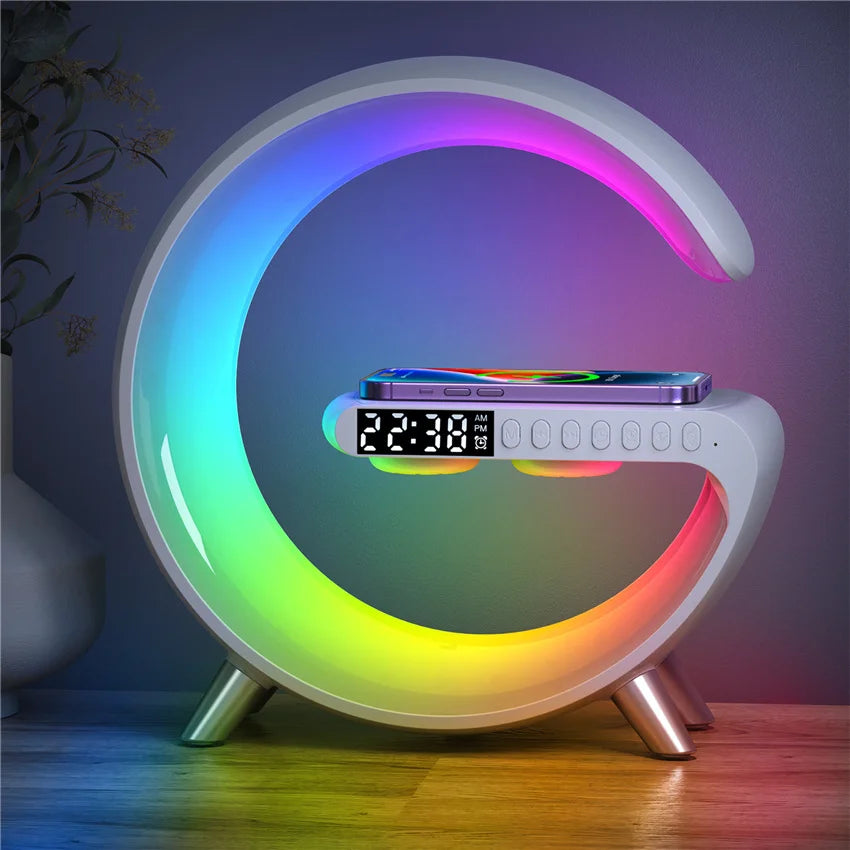 Wireless Charger Stand Alarm Clock Bluetooth Speaker LED Lamp RGB Night Light Fast Charging Station for iPhone Samsung Xiaomi